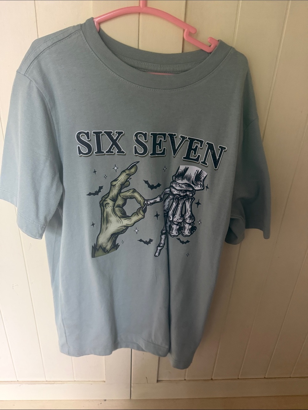 3/$6 wonder nation Sage Green Tee with “Six Seven” Halloween print